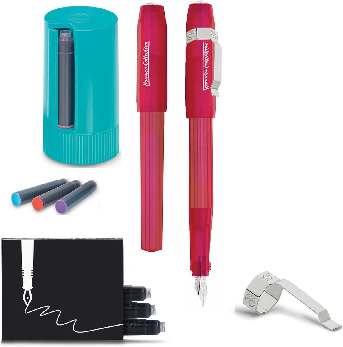 Vulpen Perkeo INFRARED - MEDIUM - Clip Silver - Dispenser Twist & Out with 8 colours cartridges - doosje zwarte Vulpeninkt by Kaweco in Fluoriserend – product photo