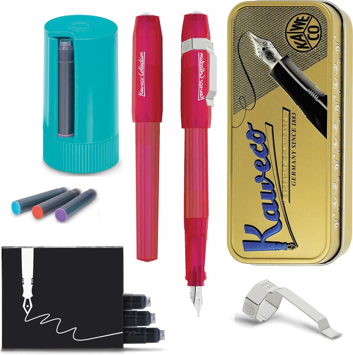 Vulpen Perkeo INFRARED - MEDIUM - Tin Box long - Clip Silver - Dispenser Twist & Out with 8 colours cartridges - doosje zwarte Vulpeninkt by Kaweco in Fluoriserend – product photo