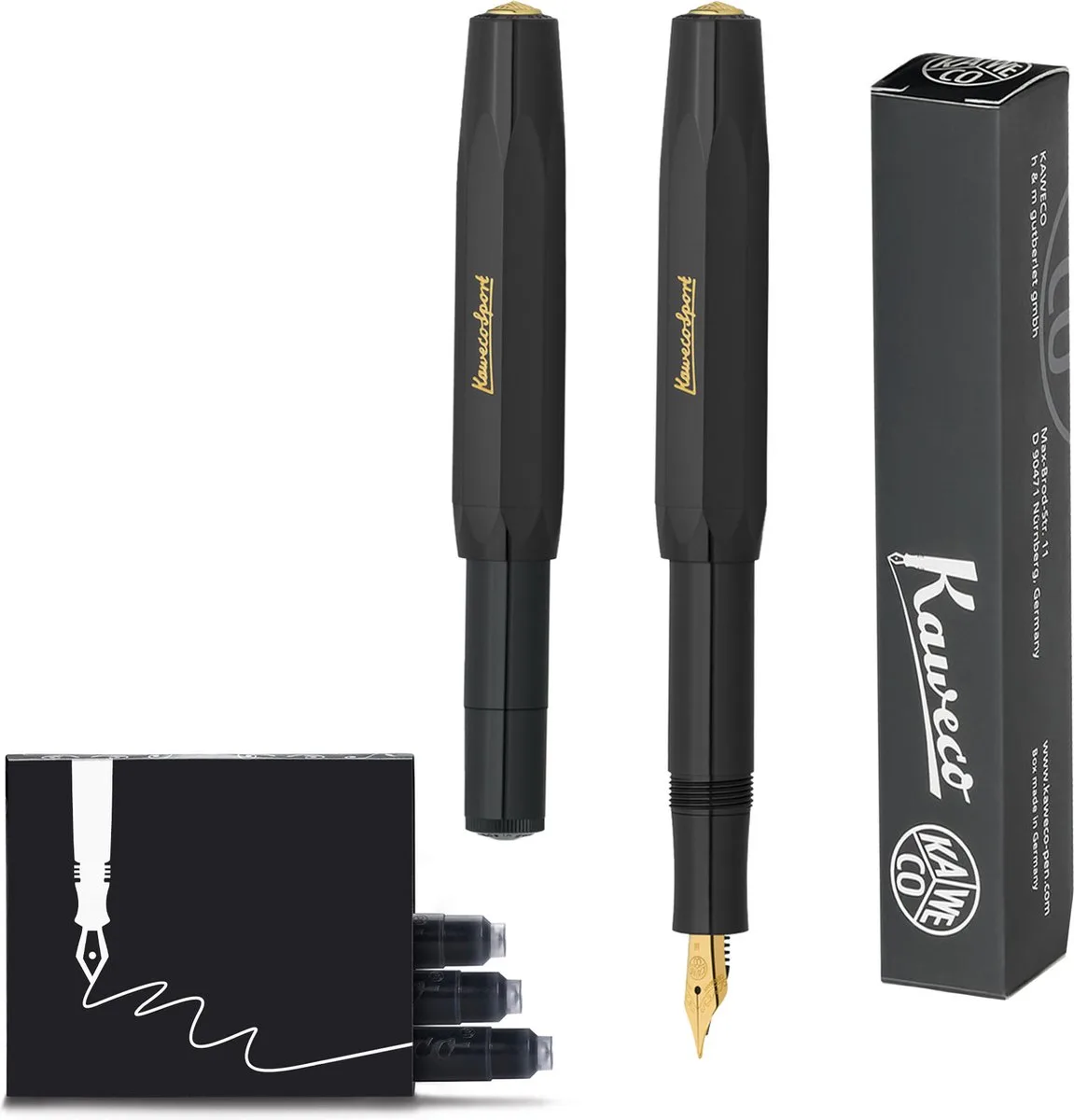 Vulpen Sport Classic (BREED) met extra doosje vullingen van Kaweco in Zwart – productfoto