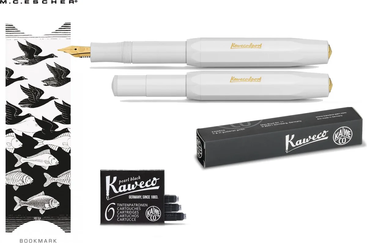 Vulpen Sport Classic (MEDIUM) met doosje vullingen en boekenlegger van Kaweco in Wit – productfoto