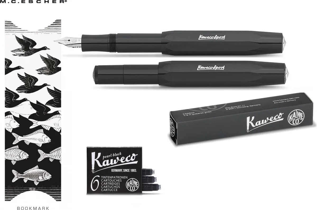 Vulpen Sport Skyline BLACK (FINE) met doosje vullingen en boekenlegger fra Kaweco i Sort – produktbillede