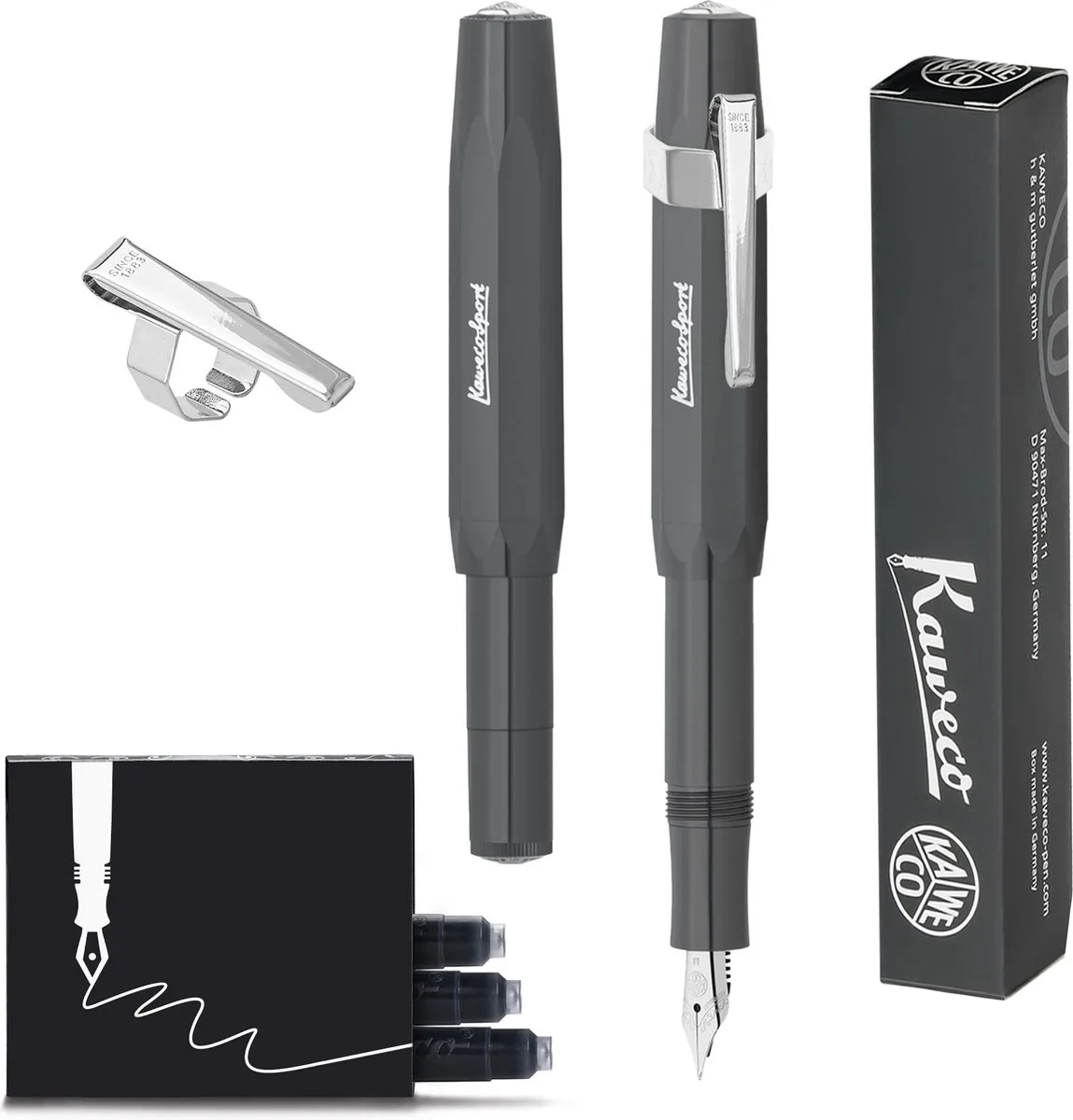 Vulpen Sport Skyline Fountain Pen - Breed - Oktogonal Clip Chrome - doosje vullingen by Kaweco in Grey – product photo