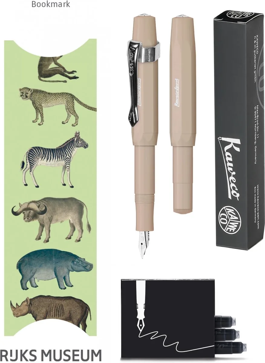 Vulpenset - 4delig - Vulpen Sport Skyline Macchiato Fountain Pen - Extra Breed - Nostalgic Octagonal Clip Chrome - Doosje zwarte vullingen - Bekking & Blitz Boekenlegger -nr26 by Kaweco in Brown – product photo