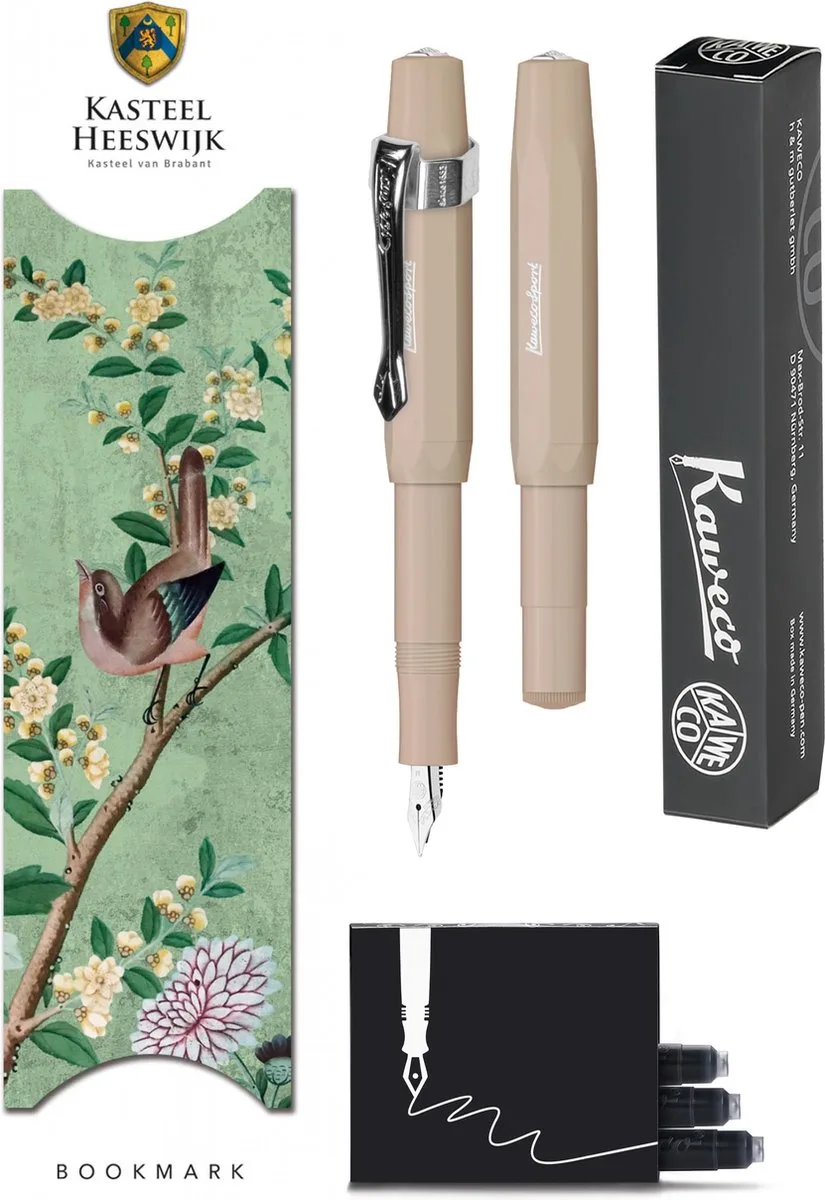 Vulpenset - 4delig - Vulpen Sport Skyline Macchiato Fountain Pen - Medium - Nostalgic Octagonal Clip Chrome - Doosje zwarte vullingen - Bekking & Blitz Boekenlegger - nr30 van Kaweco in Bruin – productfoto