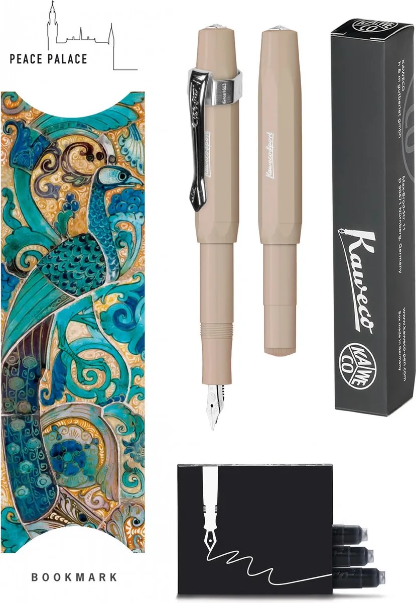 Vulpenset - 4delig - Vulpen Sport Skyline Macchiato Fountain Pen - Fine - Nostalgic Octagonal Clip Chrome - Doosje zwarte vullingen - Bekking & Blitz Boekenlegger -nr33 van Kaweco in Bruin – productfoto
