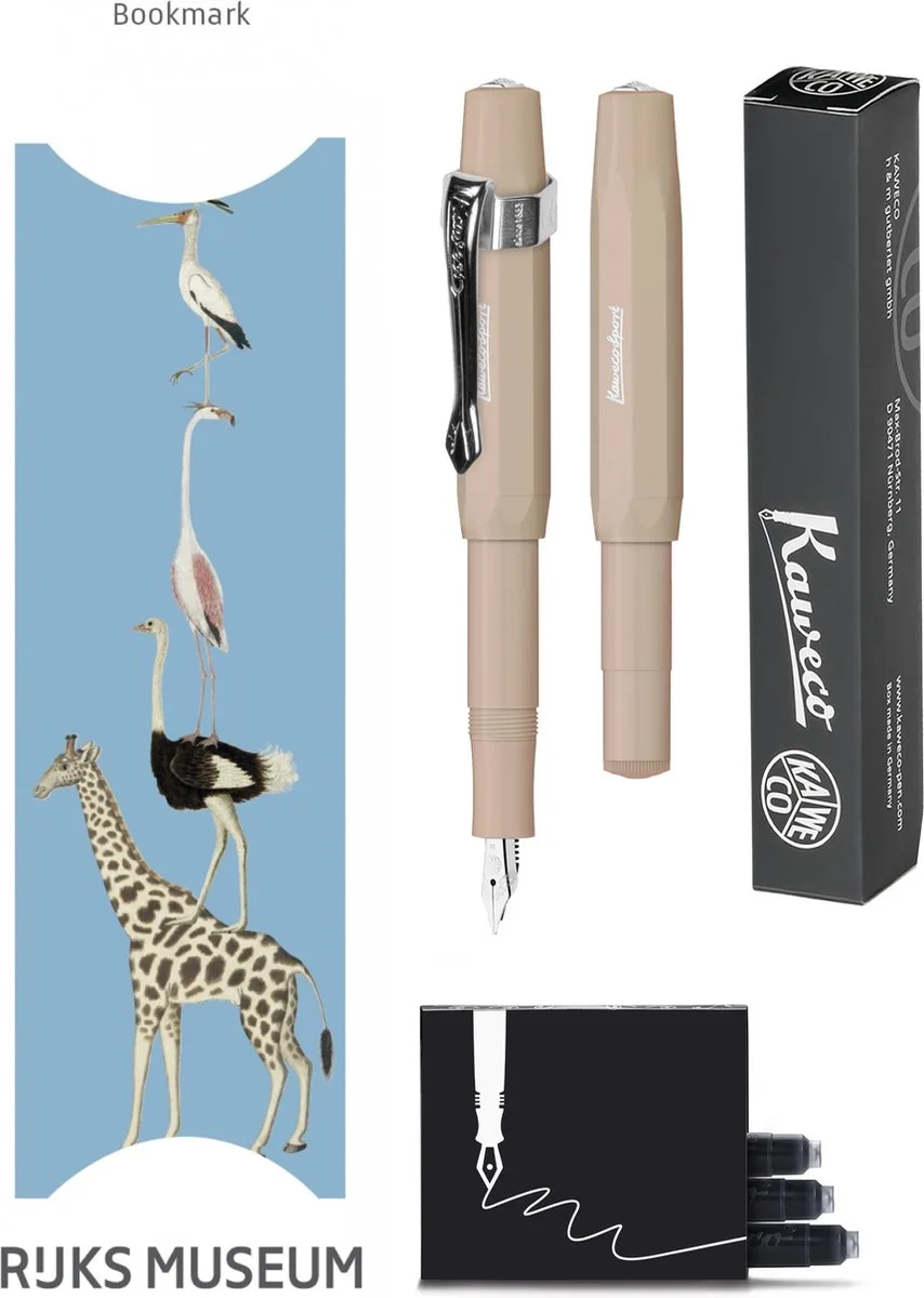 Vulpenset - 4delig - Vulpen Sport Skyline Macchiato Fountain Pen - Extra Breed - Nostalgic Octagonal Clip Chrome - Doosje zwarte vullingen - Bekking & Blitz Boekenlegger -nr23 by Kaweco in Brown – product photo