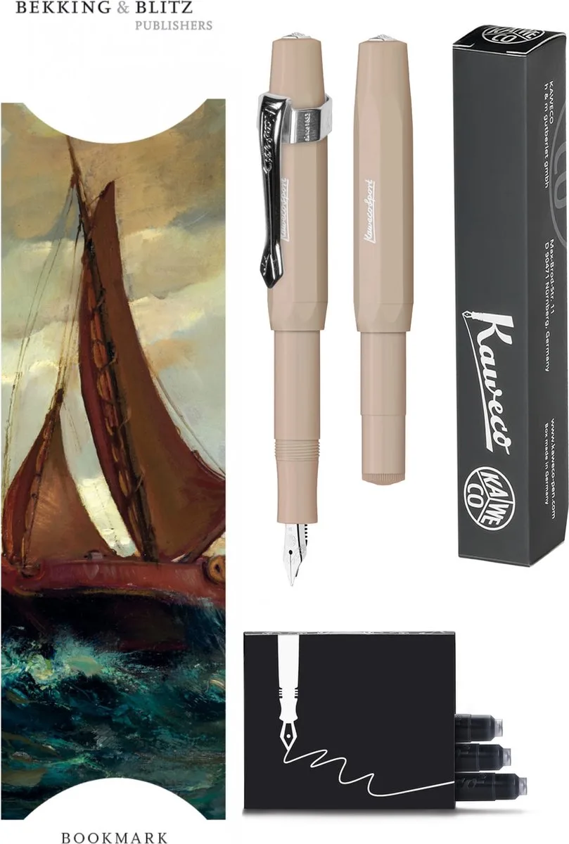 Vulpenset - 4delig - Vulpen Sport Skyline Macchiato Fountain Pen - Breed - Nostalgic Octagonal Clip Chrome - Doosje zwarte vullingen - Bekking & Blitz Boekenlegger - nr6 by Kaweco in Brown – product photo