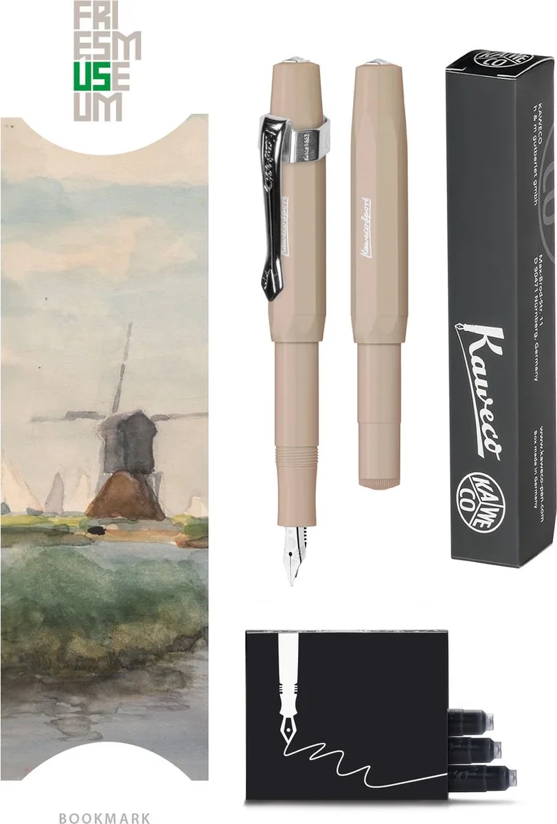 Vulpenset - 4delig - Vulpen Sport Skyline Macchiato Fountain Pen - Breed - Nostalgic Octagonal Clip Chrome - Doosje zwarte vullingen - Bekking & Blitz Boekenlegger -nr9 by Kaweco in Brown – product photo