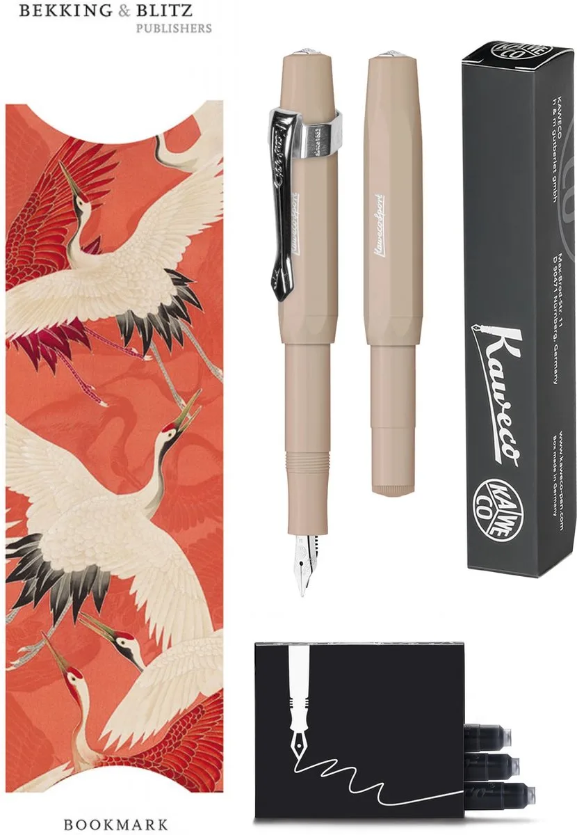Vulpenset - 4delig - Vulpen Sport Skyline Macchiato Fountain Pen - Extra Breed - Nostalgic Octagonal Clip Chrome - Doosje zwarte vullingen - Bekking & Blitz Boekenlegger - nr27 by Kaweco in Brown – product photo