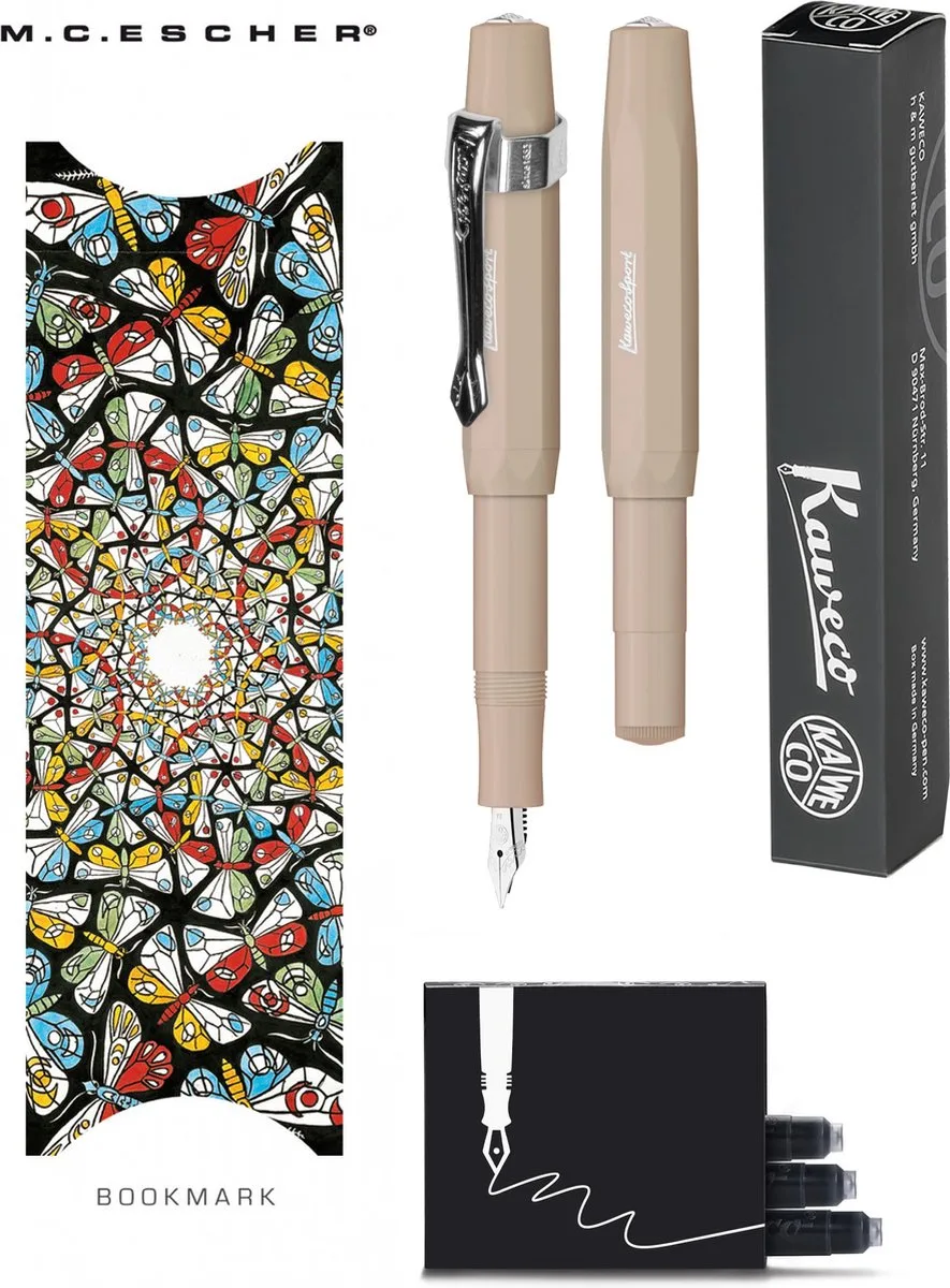 Vulpenset - 4delig - Vulpen Sport Skyline Macchiato Fountain Pen - Breed - Nostalgic Octagonal Clip Chrome - Doosje zwarte vullingen - Bekking & Blitz Boekenlegger - nr15 by Kaweco in Brown – product photo