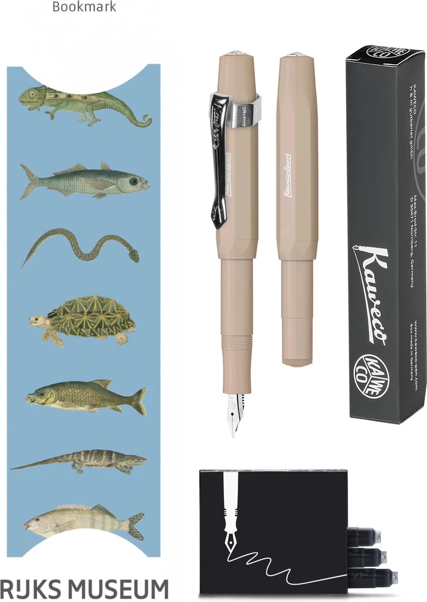 Vulpenset - 4delig - Vulpen Sport Skyline Macchiato Fountain Pen - Extra Breed - Nostalgic Octagonal Clip Chrome - Doosje zwarte vullingen - Bekking & Blitz Boekenlegger - nr24 by Kaweco in Brown – product photo