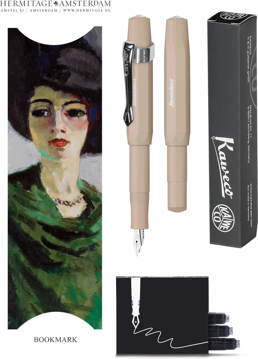 Vulpenset - 4delig - Vulpen Sport Skyline Macchiato Fountain Pen - Extra Breed - Nostalgic Octagonal Clip Chrome - Doosje zwarte vullingen - Bekking & Blitz Boekenlegger - nr8 by Kaweco in Brown – product photo