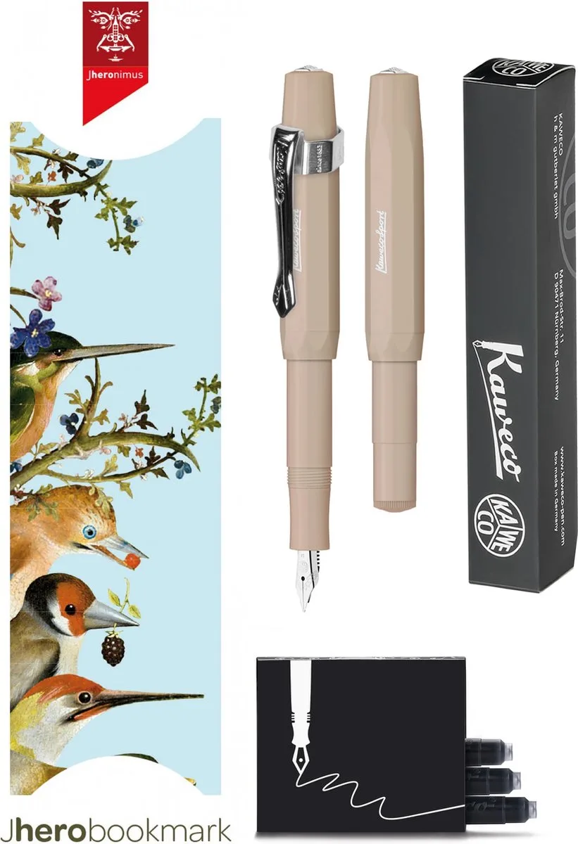 Vulpenset - 4delig - Vulpen Sport Skyline Macchiato Fountain Pen - Breed - Nostalgic Octagonal Clip Chrome - Doosje zwarte vullingen - Bekking & Blitz Boekenlegger -nr28 by Kaweco in Brown – product photo