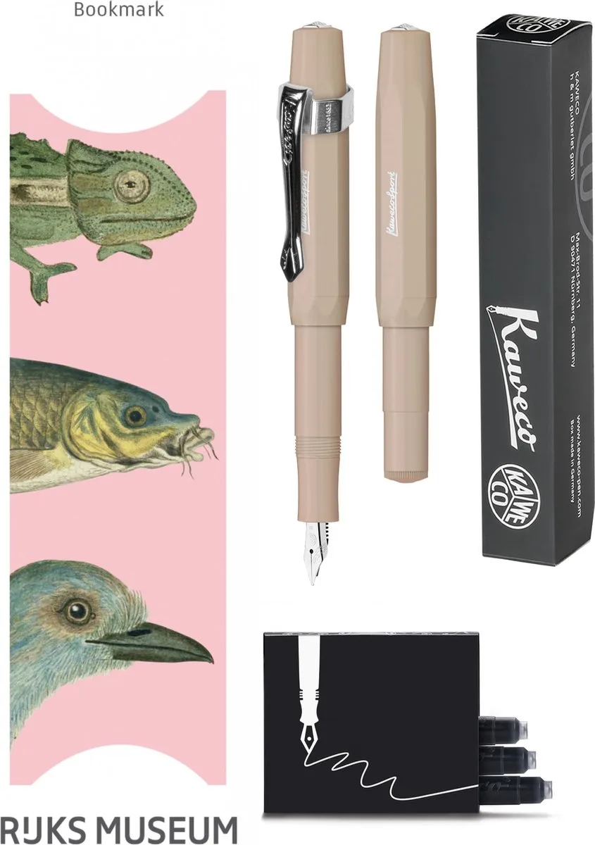 Vulpenset - 4delig - Vulpen Sport Skyline Macchiato Fountain Pen - Breed - Nostalgic Octagonal Clip Chrome - Doosje zwarte vullingen - Bekking & Blitz Boekenlegger - nr22 by Kaweco in Brown – product photo