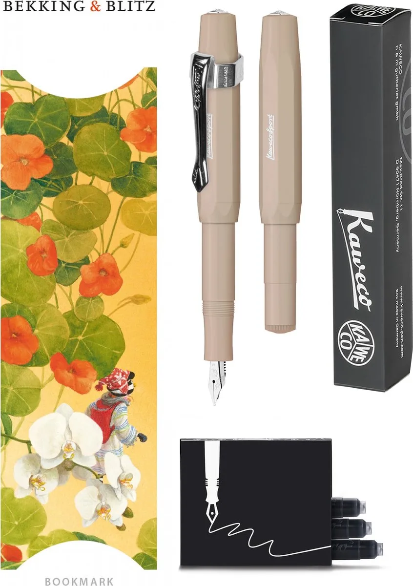 Vulpenset - 4delig - Vulpen Sport Skyline Macchiato Fountain Pen - Breed - Nostalgic Octagonal Clip Chrome - Doosje zwarte vullingen - Bekking & Blitz Boekenlegger -nr31 by Kaweco in Brown – product photo