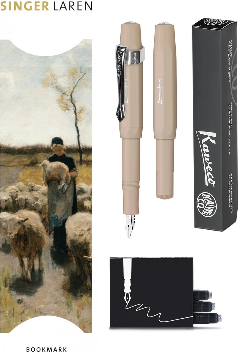 Vulpenset - 4delig - Vulpen Sport Skyline Macchiato Fountain Pen - Fine - Nostalgic Octagonal Clip Chrome - Doosje zwarte vullingen - Bekking & Blitz Boekenlegger -nr1 van Kaweco in Bruin – productfoto