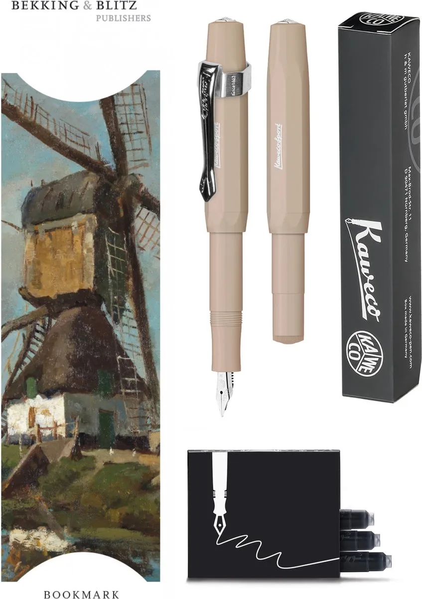 Vulpenset - 4delig - Vulpen Sport Skyline Macchiato Fountain Pen - Fine - Nostalgic Octagonal Clip Chrome - Doosje zwarte vullingen - Bekking & Blitz Boekenlegger -nr7 by Kaweco in Brown – product photo