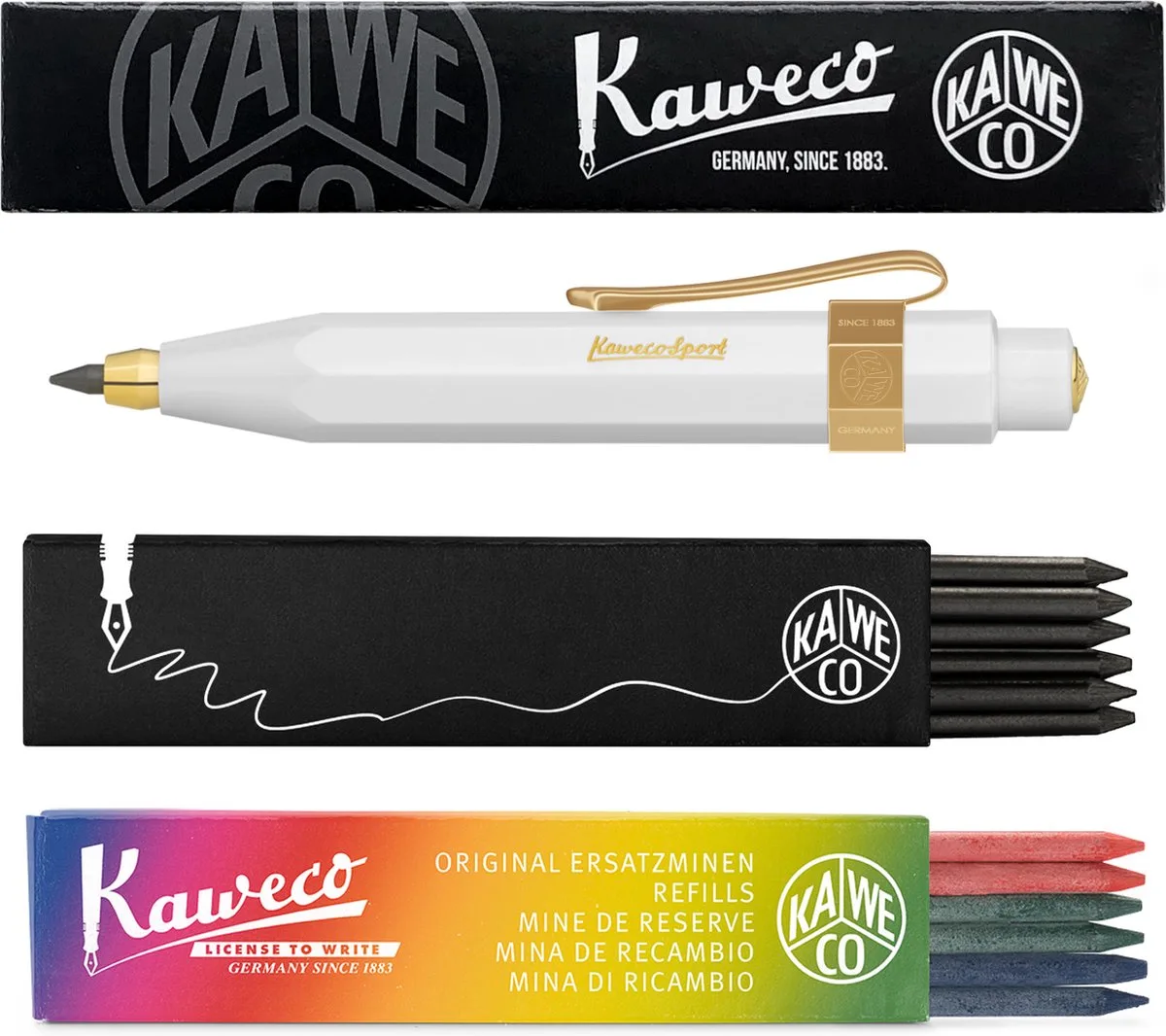 Vulpotlood 3,2 - Classic Sport - Nostalgic Octagonal Clip Vergoldet - Met doosje vullingen Zwart - Doosje vullingen 3 kleur van Kaweco in Wit – productfoto