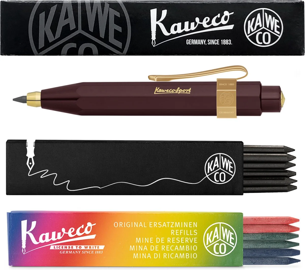 Vulpotlood 3,2 - Classic Sport - Nostalgic Octagonal Clip Vergoldet - Aubergine - Met doosje vullingen Zwart - Doosje vullingen 3 kleur by Kaweco in Burgundy – product photo