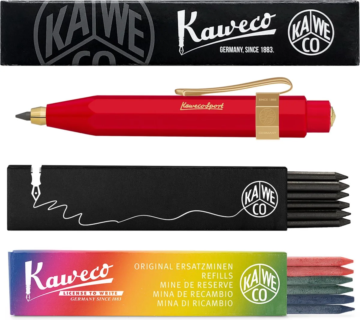 Vulpotlood 3,2 - Classic Sport - Nostalgic Octagonal Clip Vergoldet - Met doosje vullingen Zwart - Doosje vullingen 3 kleur van Kaweco in Rood – productfoto