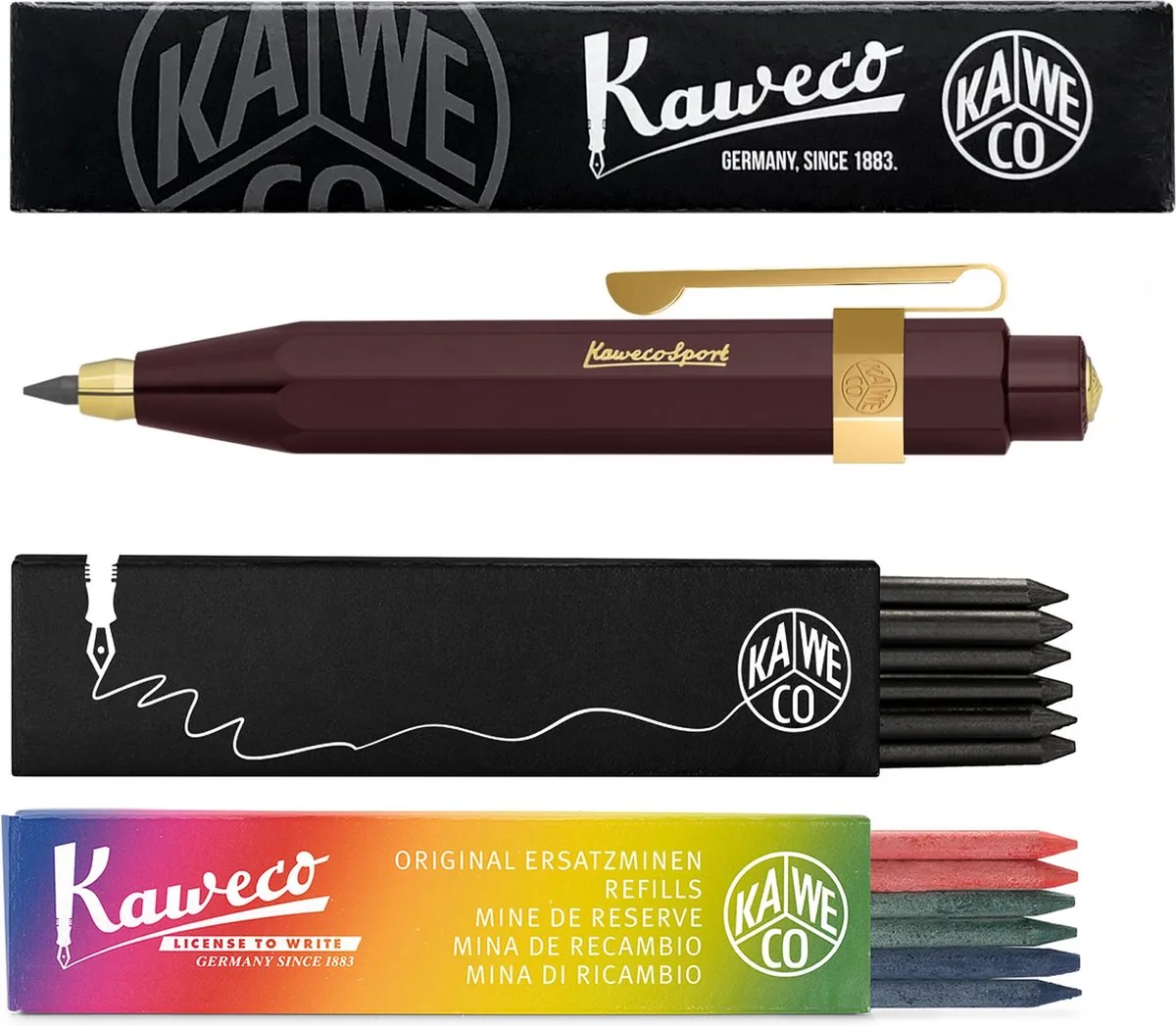 Vulpotlood 3,2 - Classic Sport - Oktogonal Clip Vergoldet - Aubergine - Met doosje vullingen Zwart - Doosje vullingen 3 kleur by Kaweco in Burgundy – product photo