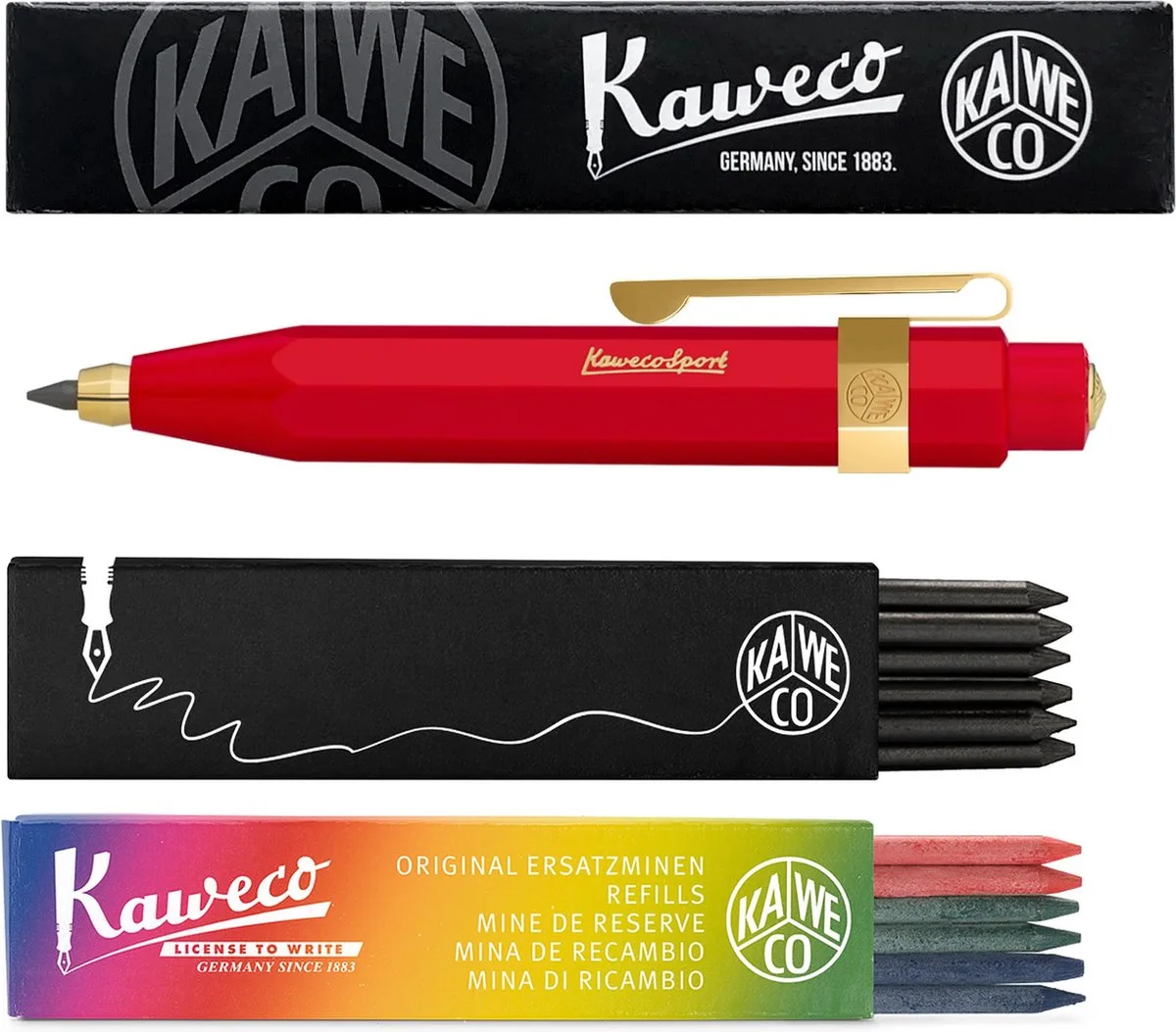 Vulpotlood 3,2 - Classic Sport - Oktogonal Clip Vergoldet - Met doosje vullingen Zwart - Doosje vullingen 3 kleur by Kaweco in Red – product photo
