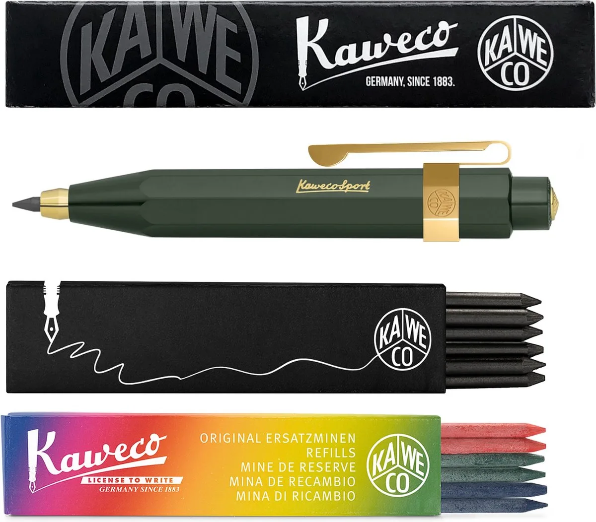 Vulpotlood 3,2 - Classic Sport - Oktogonal Clip Vergoldet - Met doosje vullingen Zwart - Doosje vullingen 3 kleur by Kaweco in Green – product photo