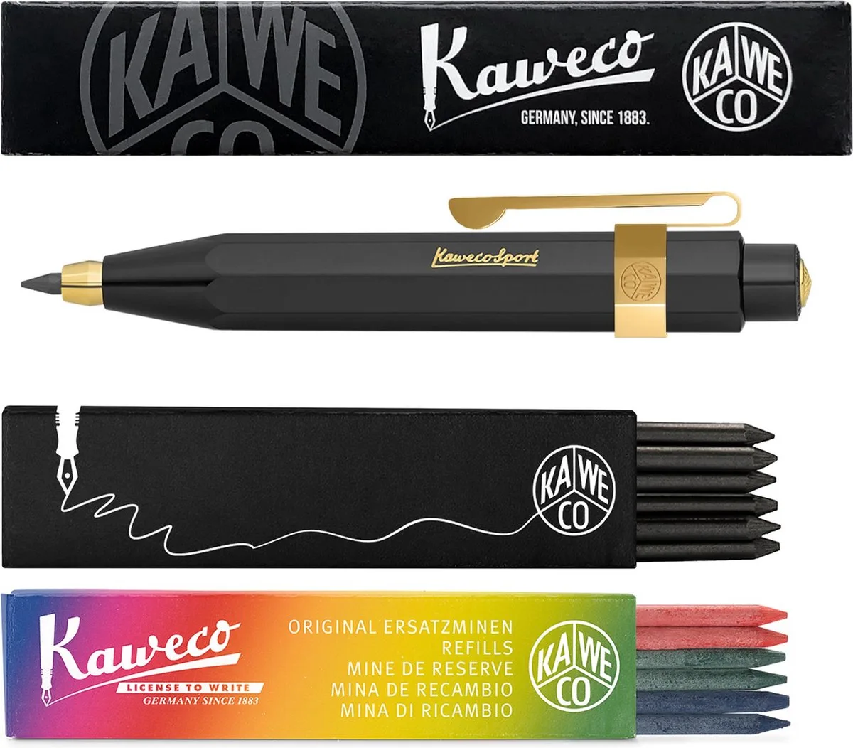 Vulpotlood 3,2 - Classic Sport - Oktogonal Clip Vergoldet - Zwart - Met doosje vullingen Zwart - Doosje vullingen 3 kleur by Kaweco in Black – product photo