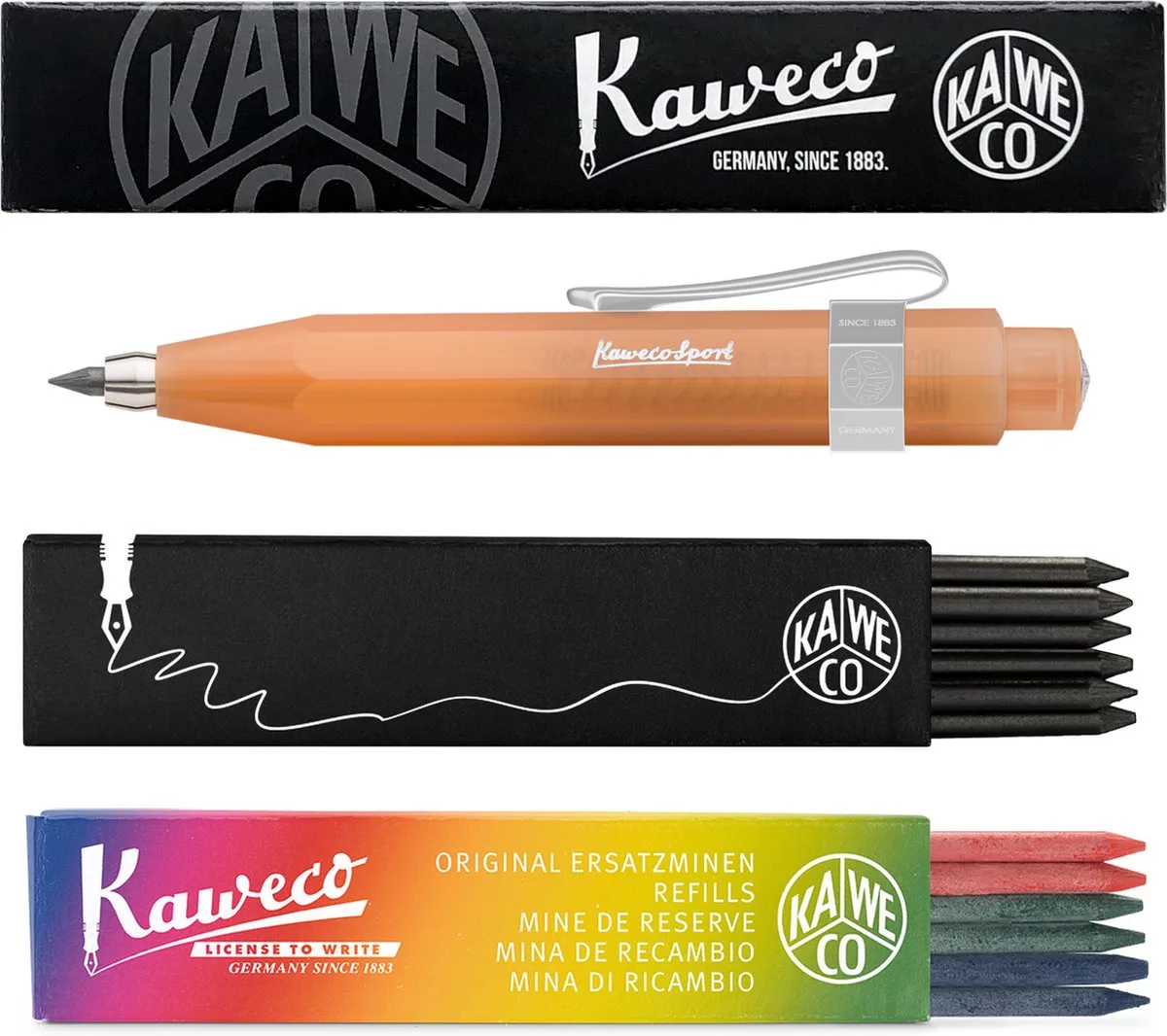 Vulpotlood 3,2 - Frosted Sport - Nostalgic Octagonal Clip Chrome - Soft Mandarin - Met doosje vullingen Zwart - Doosje vullingen 3 kleur by Kaweco in Orange – product photo