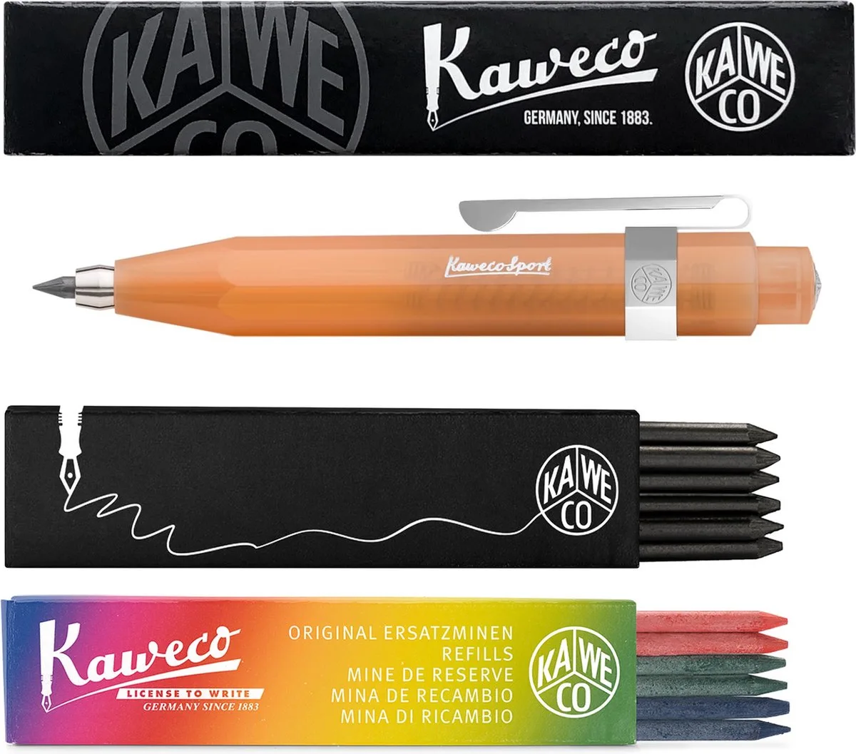 Vulpotlood 3,2 - Frosted Sport - Oktogonal Clip Chrome - Soft Mandarin - Met doosje vullingen Zwart - Doosje vullingen 3 kleur van Kaweco in Oranje – productfoto