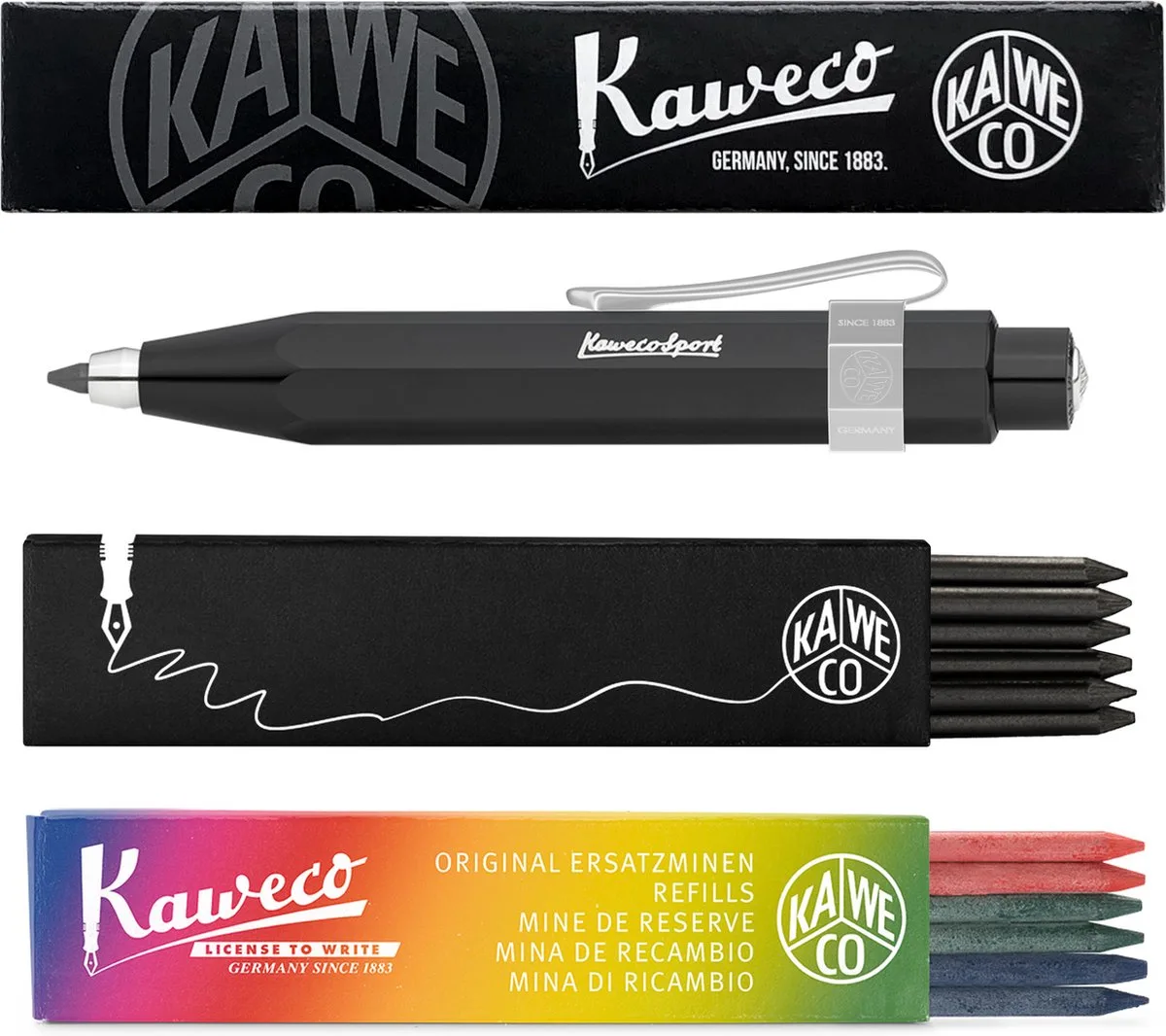 Vulpotlood 3,2 - Skyline Sport - Nostalgic Octagonal Clip Chrome - Zwart - Met doosje vullingen Zwart - Doosje vullingen 3 kleur van Kaweco in Zwart – productfoto
