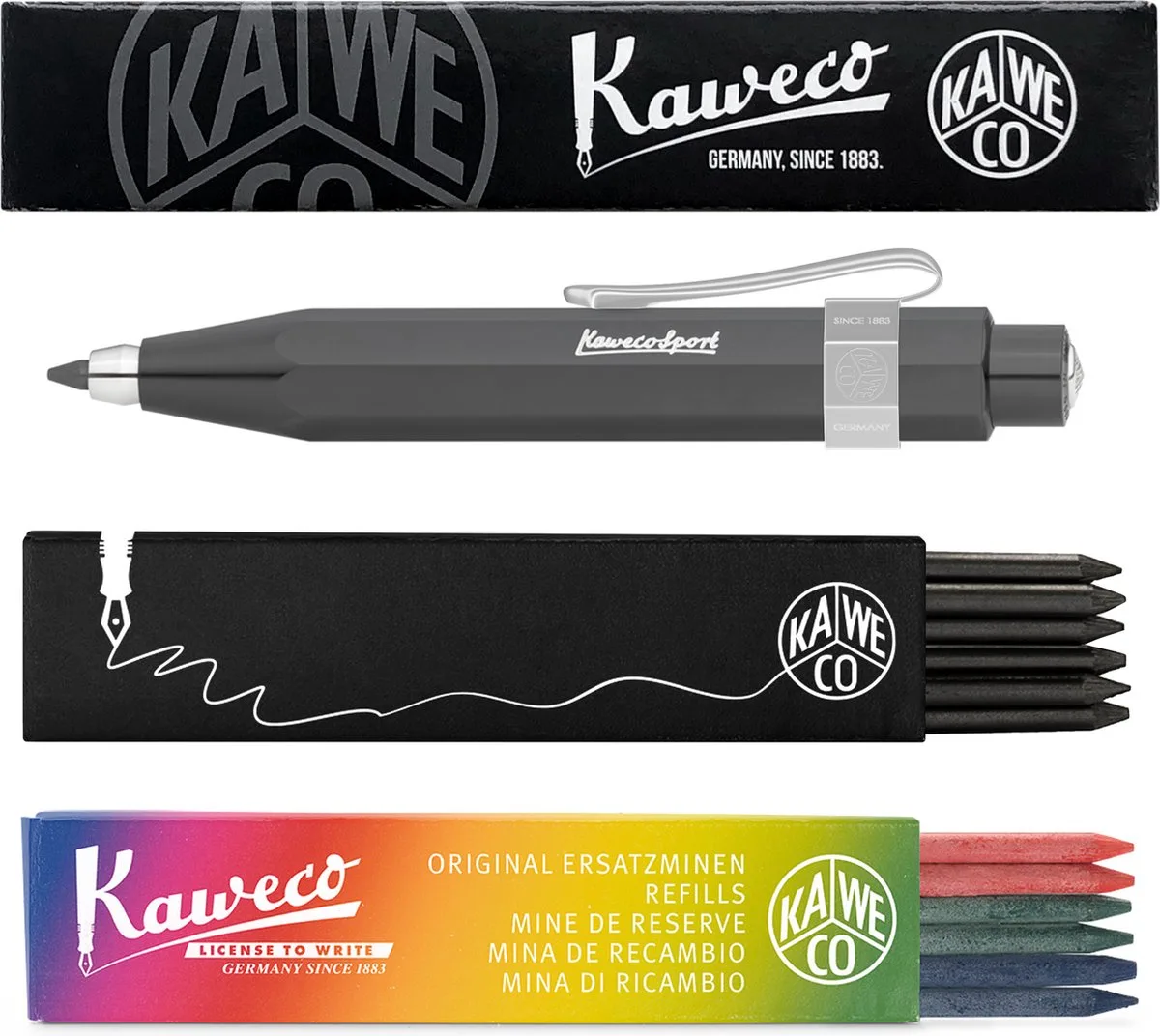 Vulpotlood 3,2 - Skyline Sport - Nostalgic Octagonal Clip Chrome - Grey - Met doosje vullingen Zwart - Doosje vullingen 3 kleur van Kaweco in Grijs – productfoto