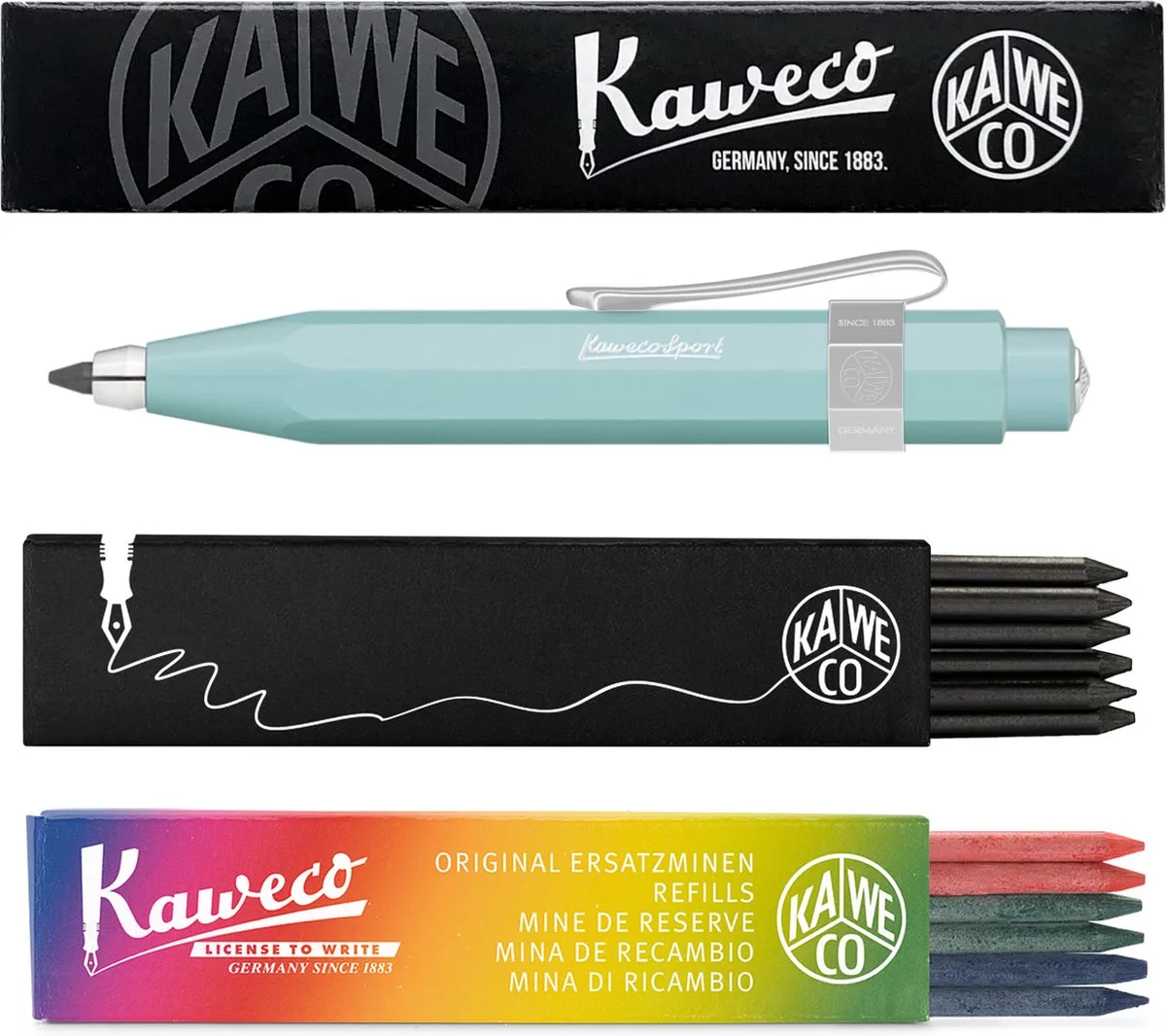 Vulpotlood 3,2 - Skyline Sport - Nostalgic Octagonal Clip Chrome - Met doosje vullingen Zwart - Doosje vullingen 3 kleur van Kaweco in Mint – productfoto
