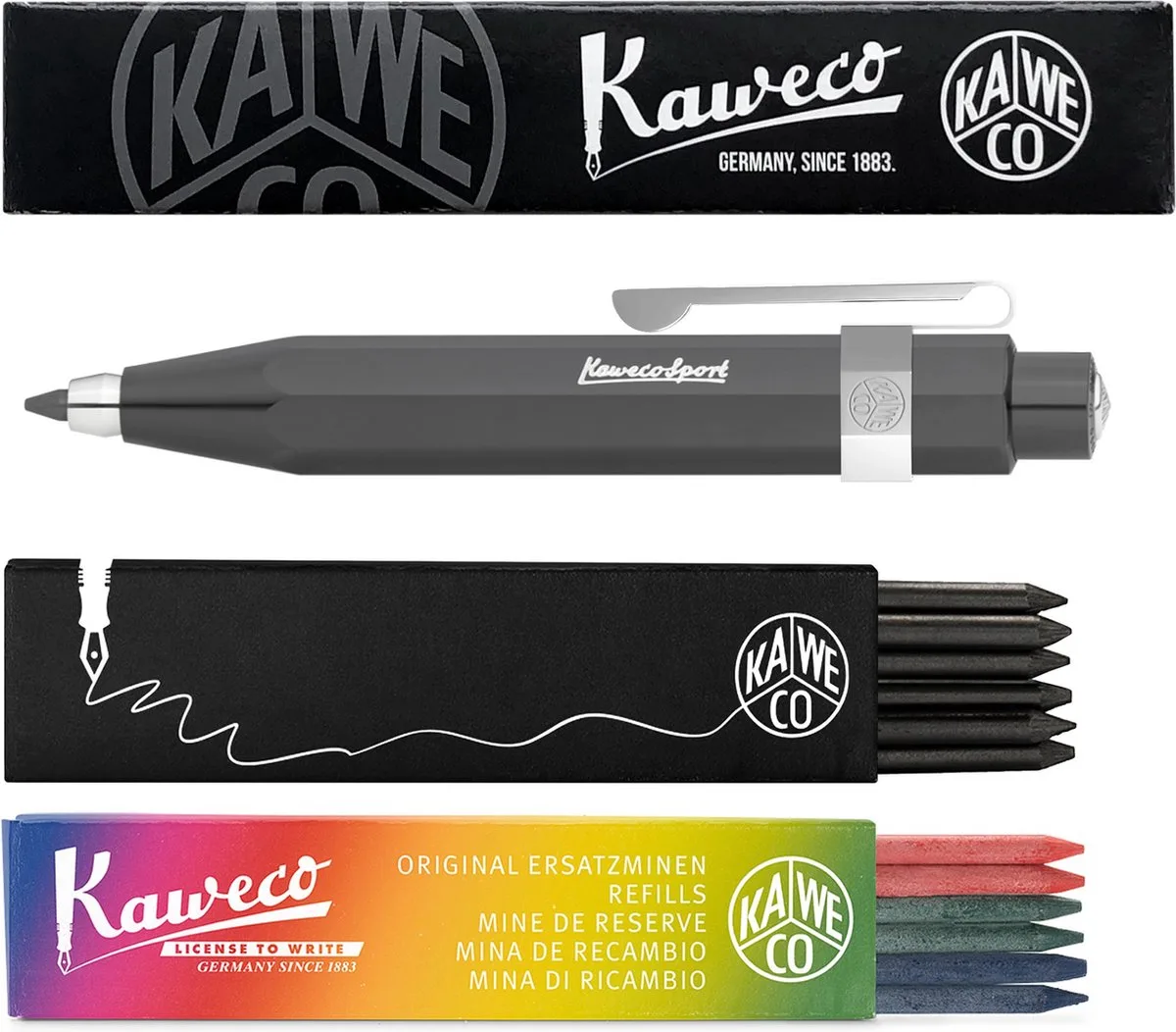 Vulpotlood 3,2 - Skyline Sport - Oktogonal Clip Chrome - Grey - Met doosje vullingen Zwart - Doosje vullingen 3 kleur by Kaweco in Grey – product photo