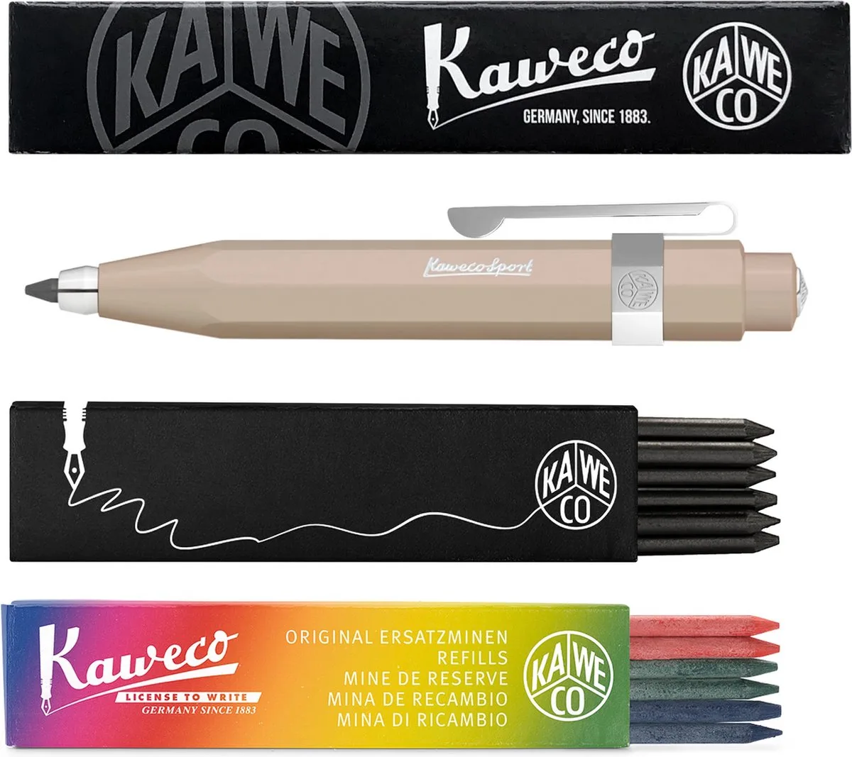 Vulpotlood 3,2 - Skyline Sport - Oktogonal Clip Chrome - Macchiato - Met doosje vullingen Zwart - Doosje vullingen 3 kleur by Kaweco in Brown – product photo