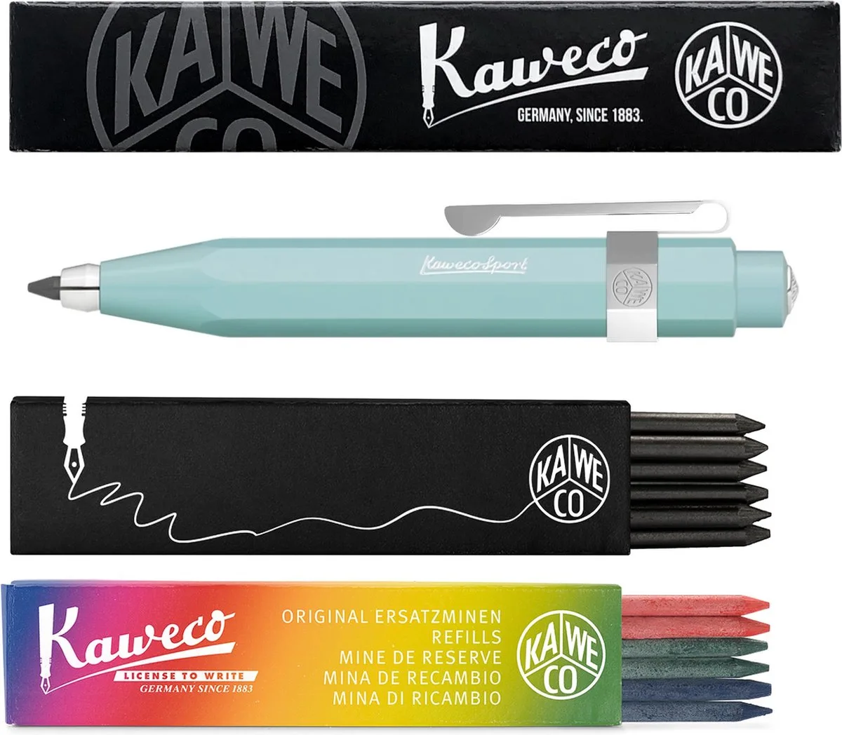 Vulpotlood 3,2 - Skyline Sport - Oktogonal Clip Chrome - Met doosje vullingen Zwart - Doosje vullingen 3 kleur van Kaweco in Mint – productfoto