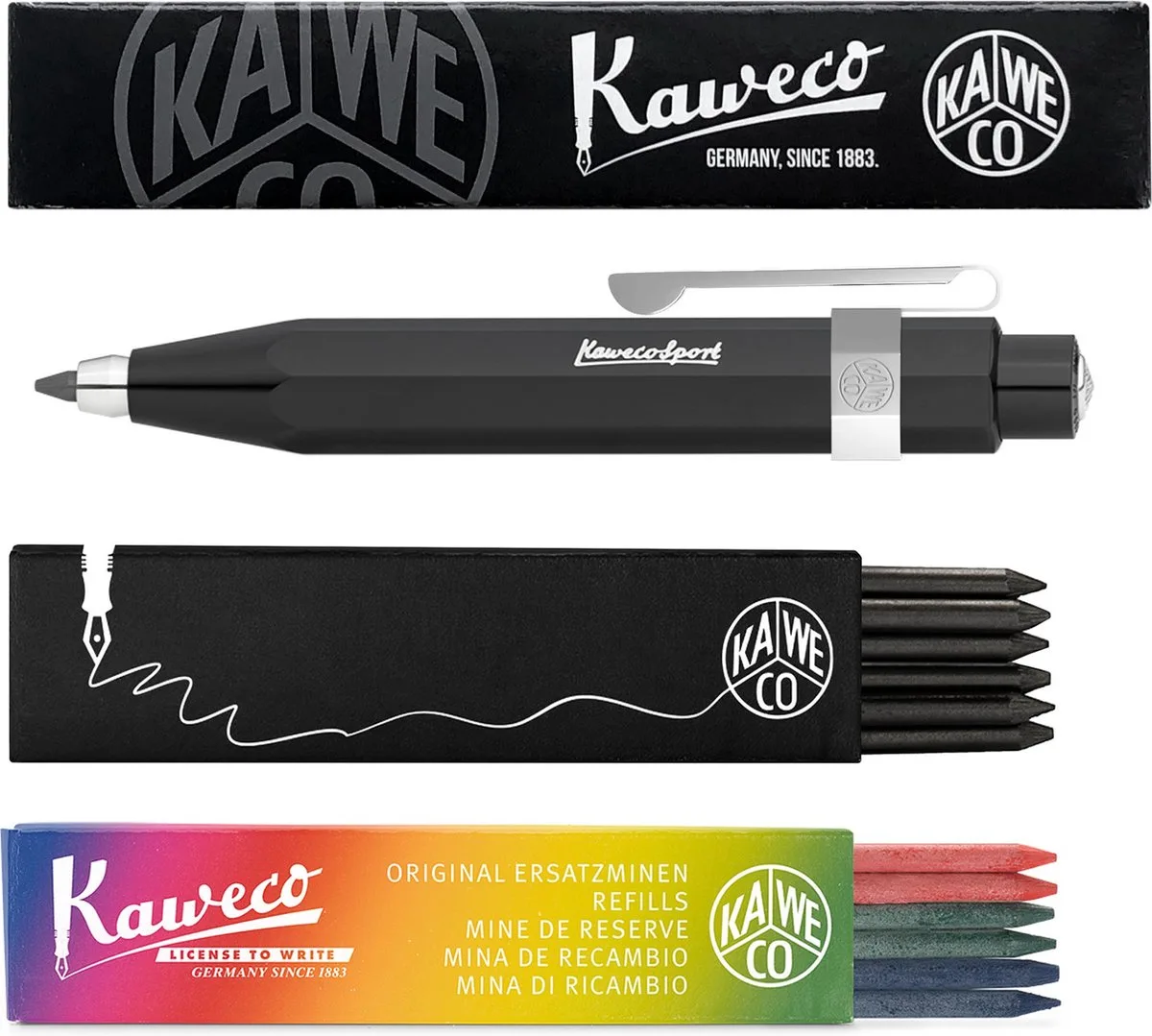 Vulpotlood 3,2 - Skyline Sport - Oktogonal Clip Chrome - Zwart - Met doosje vullingen Zwart - Doosje vullingen 3 kleur by Kaweco in Black – product photo