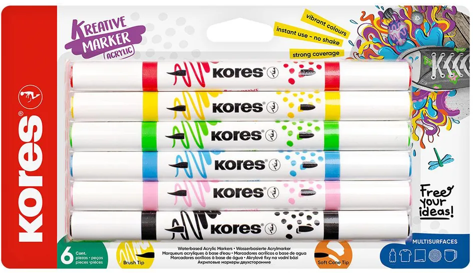 Acrylmarker Duo, 2 Spitzen, 6er Set, farbig sortiert de Kores – photo produit