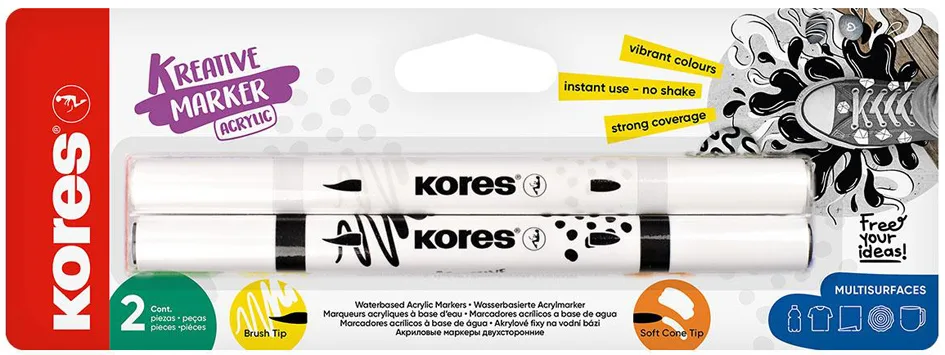 Acrylmarker Duo, 2 Spitzen, schwarz / weiß von Kores – Produktfoto