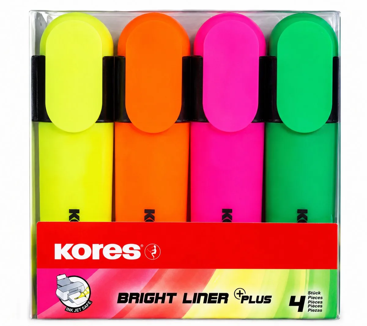 Bright Liner Plus Neon Markeerstiften Set van 4 Kleuren - Voordeelverpakking van 4 Etuis - Fluorescerende Textmarkers met Wigvormige Punt en Ergonomische Greep - Schoolbenodigdheden de Kores en Multicolore – photo produit