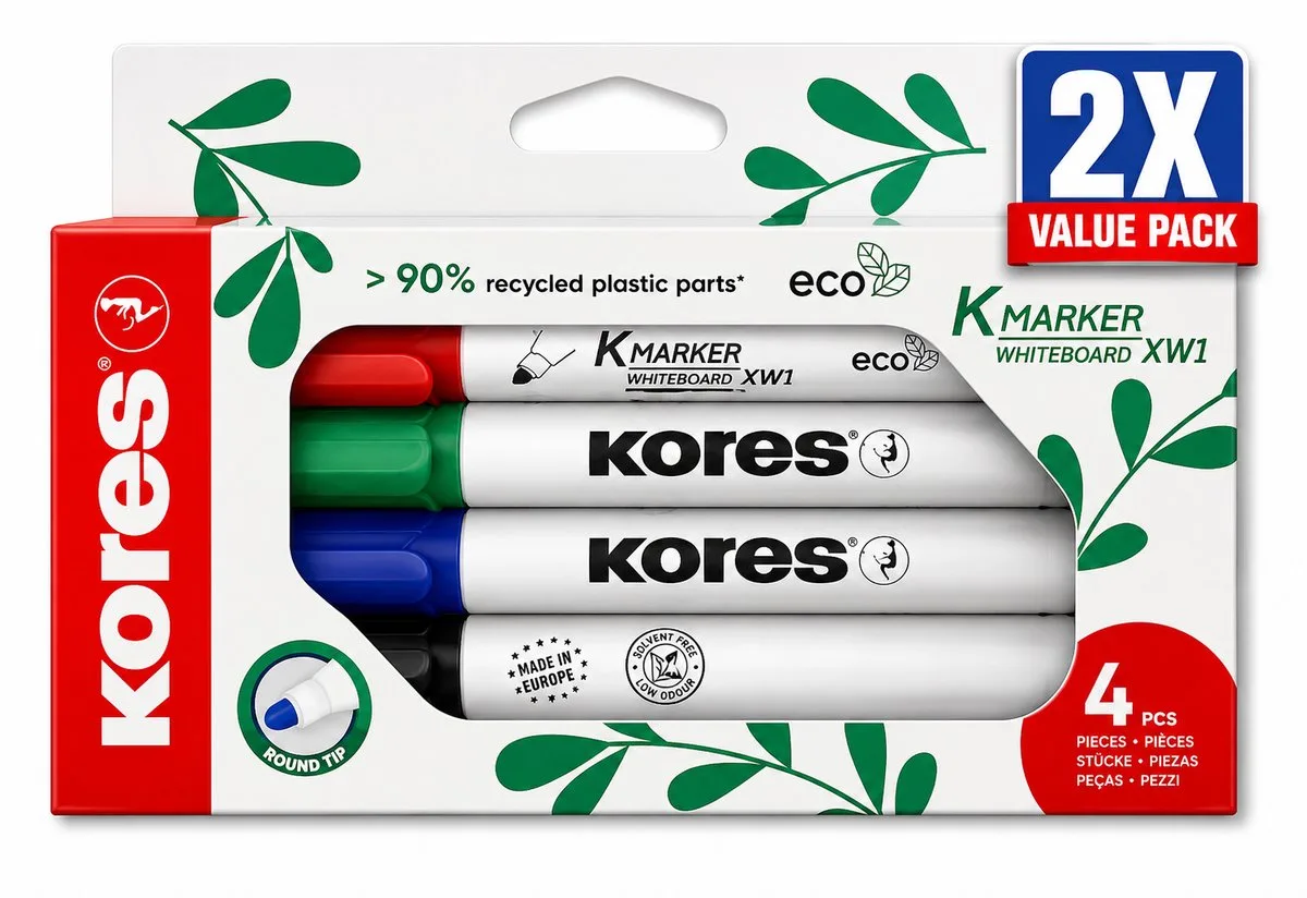 Eco Permanent Markers Set van 4 Kleuren - Voordeelverpakking van 2 Etuis (8 Stiften Totaal) - Ronde Punt 3 mm - Milieuvriendelijk Hervulbaar Design - Permanente Inkt van Kores in Meerkleurig – productfoto