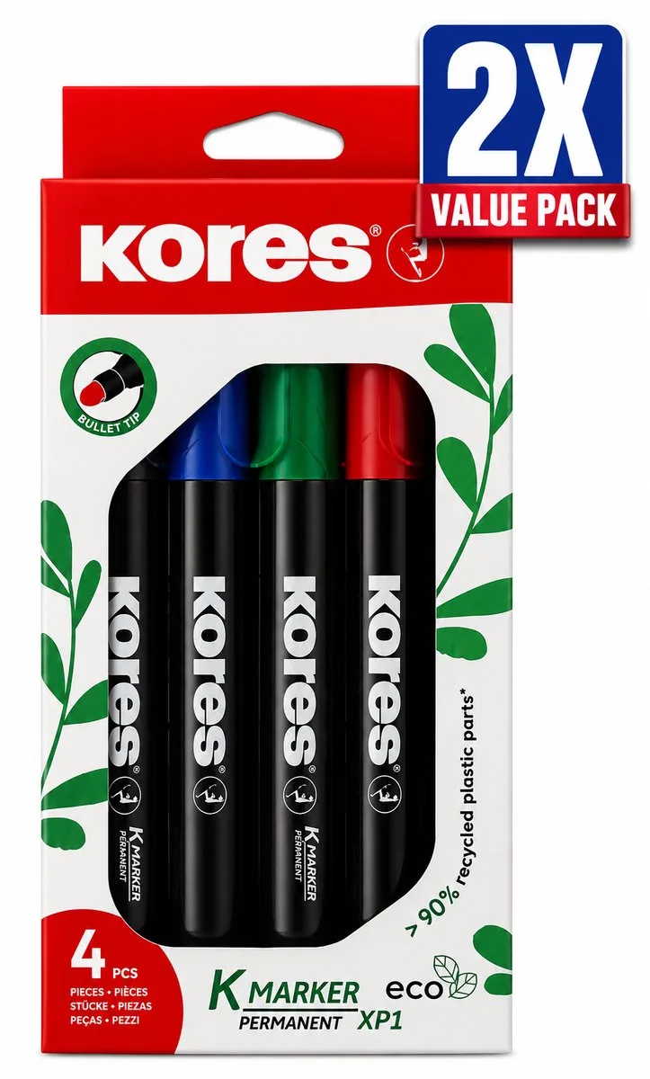 Eco Whiteboard Markers Set van 4 Kleuren - Voordeelverpakking van 2 Etuis (8 Stiften Totaal) - Ronde Punt 3 mm - Milieuvriendelijk Hervulbaar Design - Uitwisbare Inkt de Kores en Multicolore – photo produit