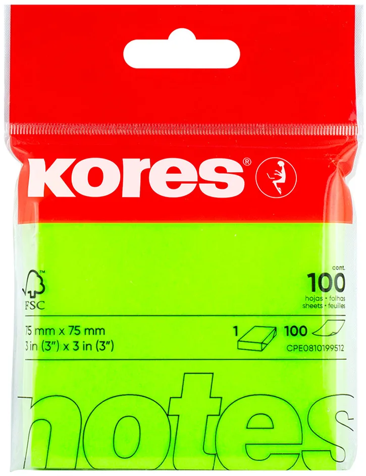 Haftnotizen , NEON NOTES, , 75 x 75 mm, blanko, grün de Kores – photo produit