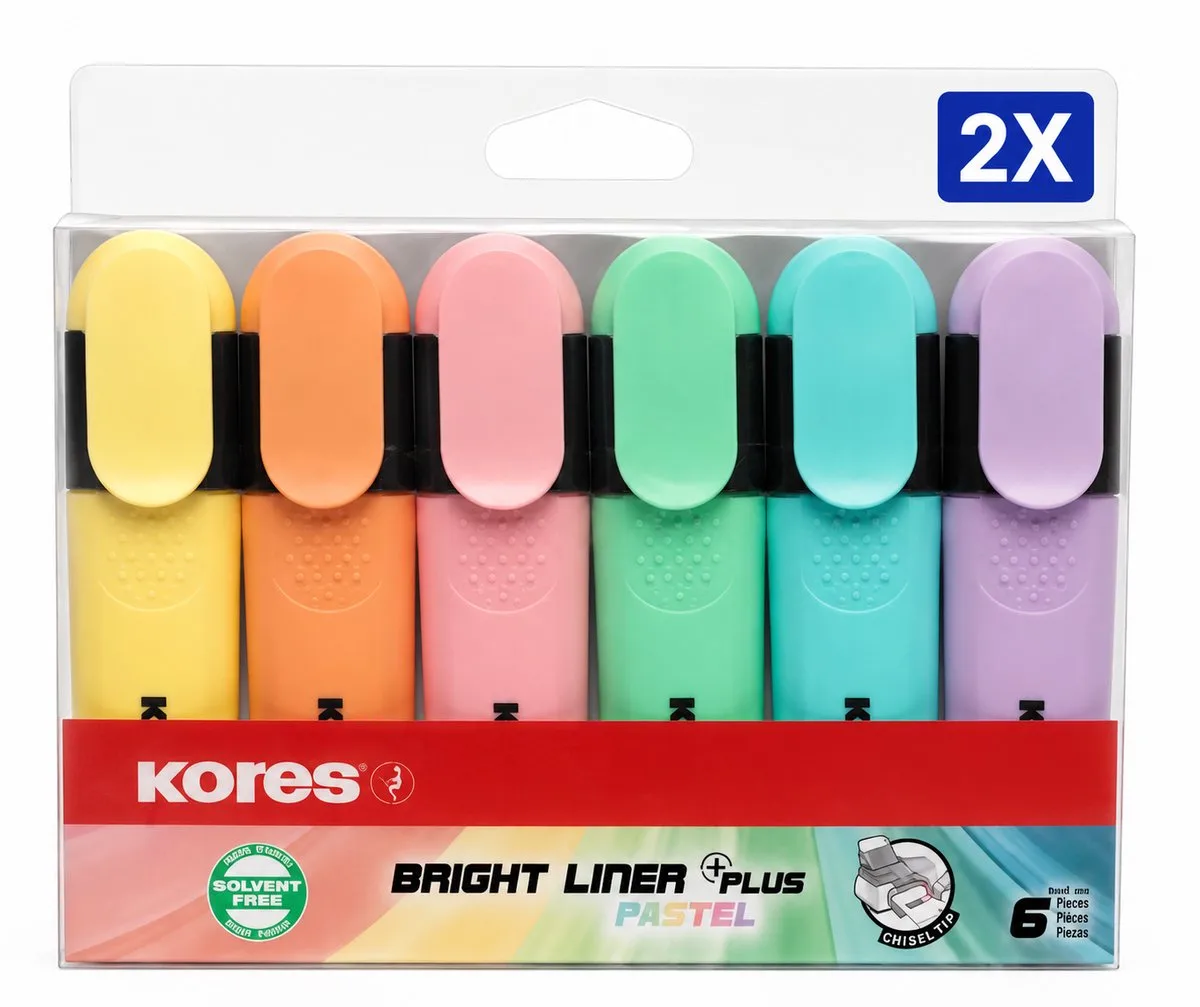 High Liner Plus Pastel Markeerstiften Set van 6 Kleuren - Voordeelverpakking van 2 Etuis - Pastel Textmarkers met Wigvormige Punt en Ergonomische Greep - Voor School en Kantoor de Kores en Multicolore – photo produit