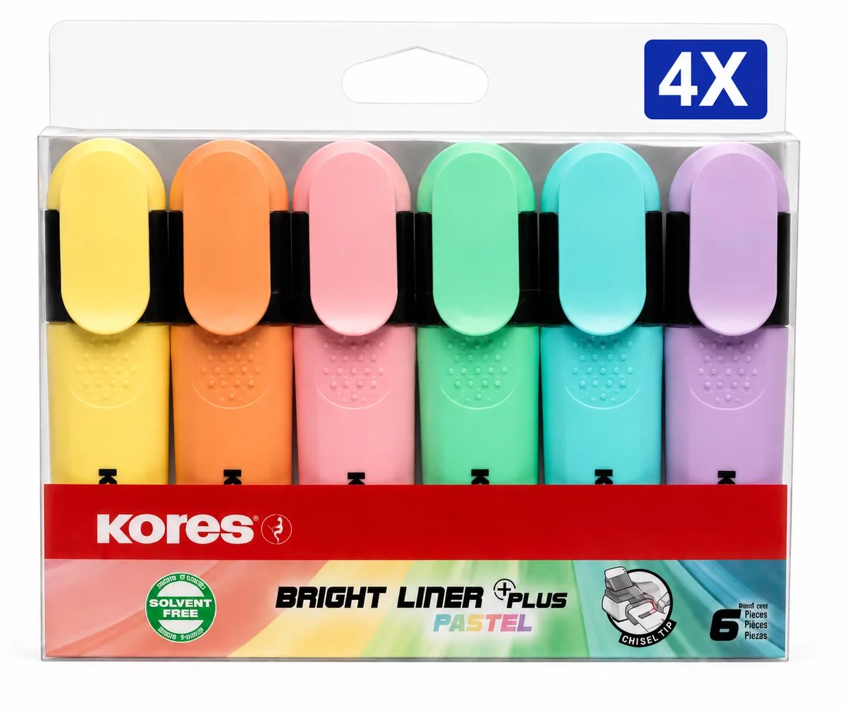 High Liner Plus Pastel Markeerstiften Set van 6 Kleuren - Voordeelverpakking van 4 Etuis - Pastel Textmarkers met Wigvormige Punt en Ergonomische Greep - Voor School en Kantoor de Kores en Multicolore – photo produit