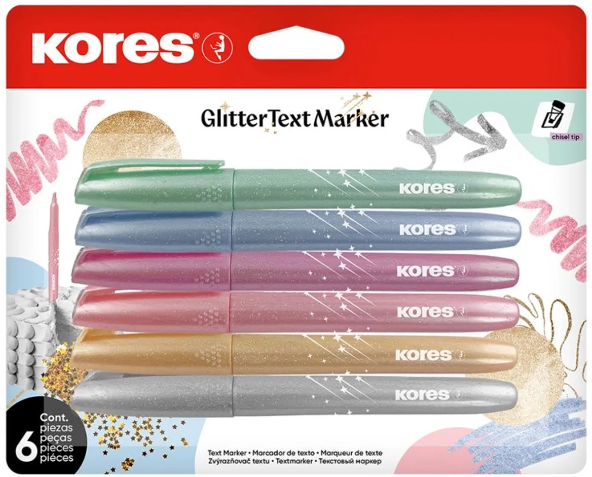 markeerstiften Glitter, keilpunt 3-5 mm, glitterkleurig, 6 stuks de Kores en Argent – photo produit