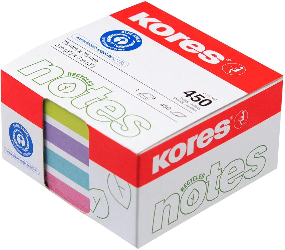 Sticky notes Kores 75x75mm recycled, 450 vel, incl. 4 pastelkleuren de Kores en Pastel – photo produit