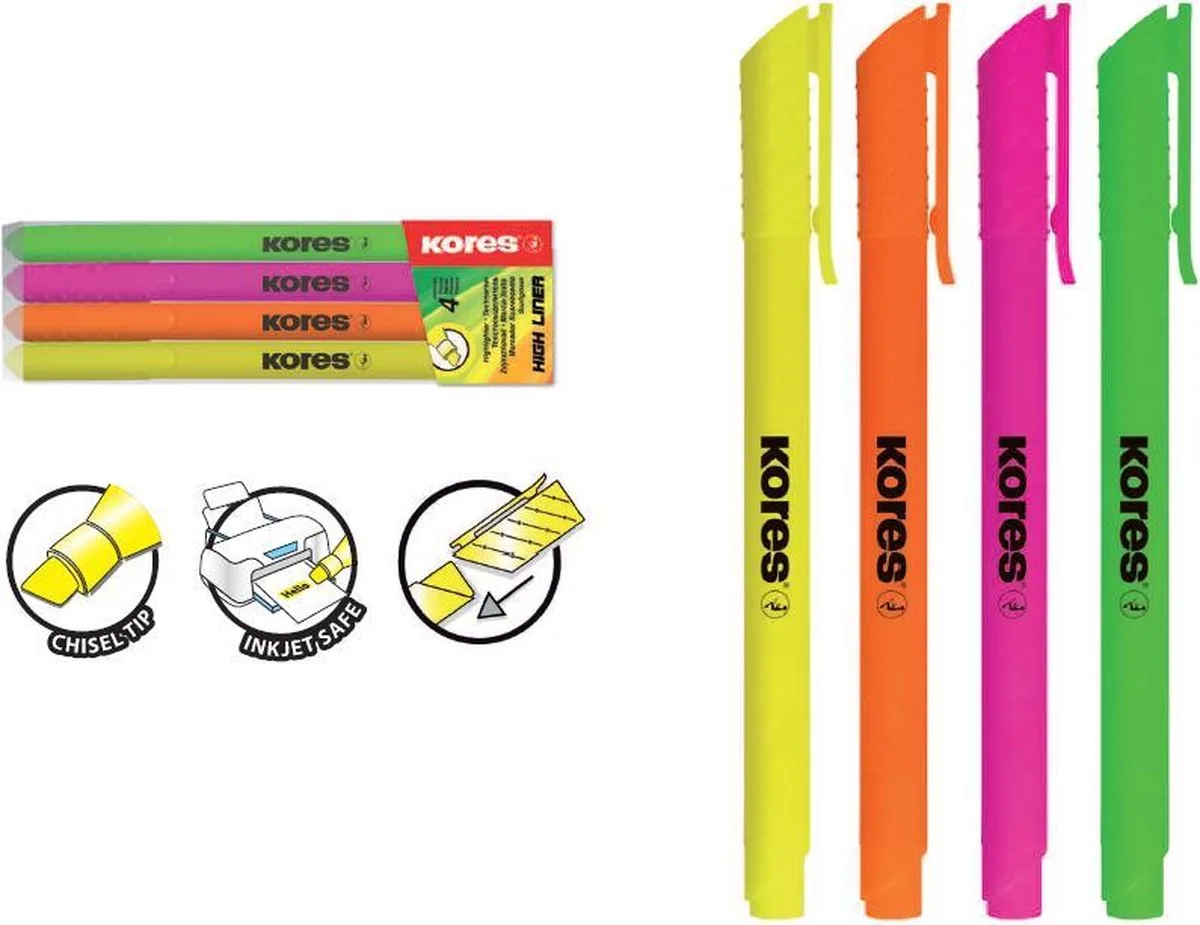 Tekstmarker Kores High Liner, beitelpunt 0.5 - 4mm, set 4 stuks van Kores in Meerkleurig – productfoto