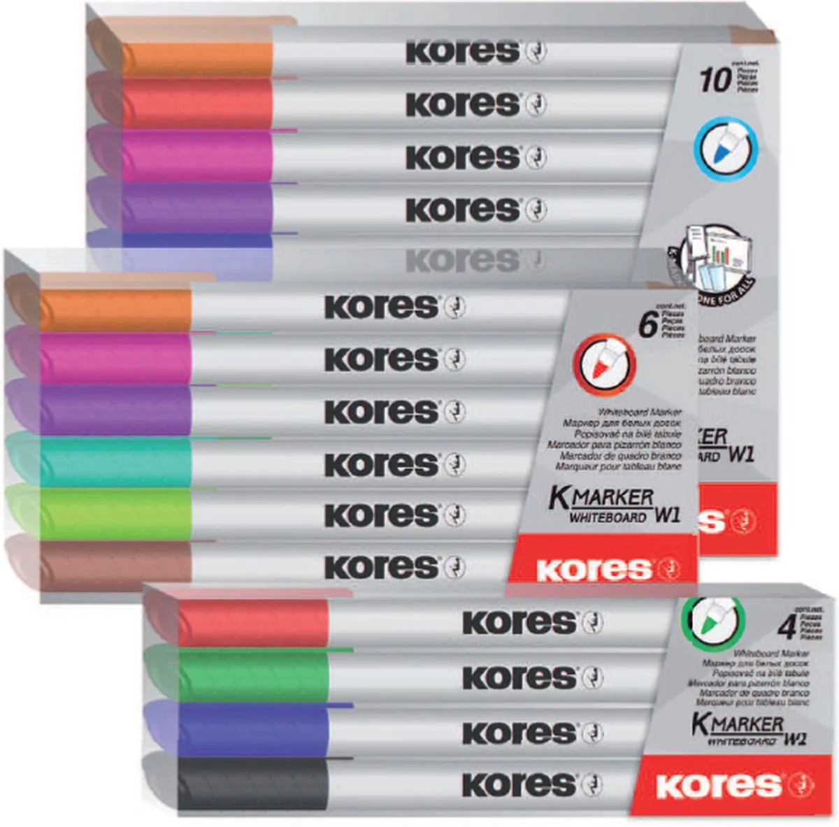 Whiteboard & Flipover markers Kores W1, ronde punt 1mm etui 10 stuks van Kores in Meerkleurig – productfoto