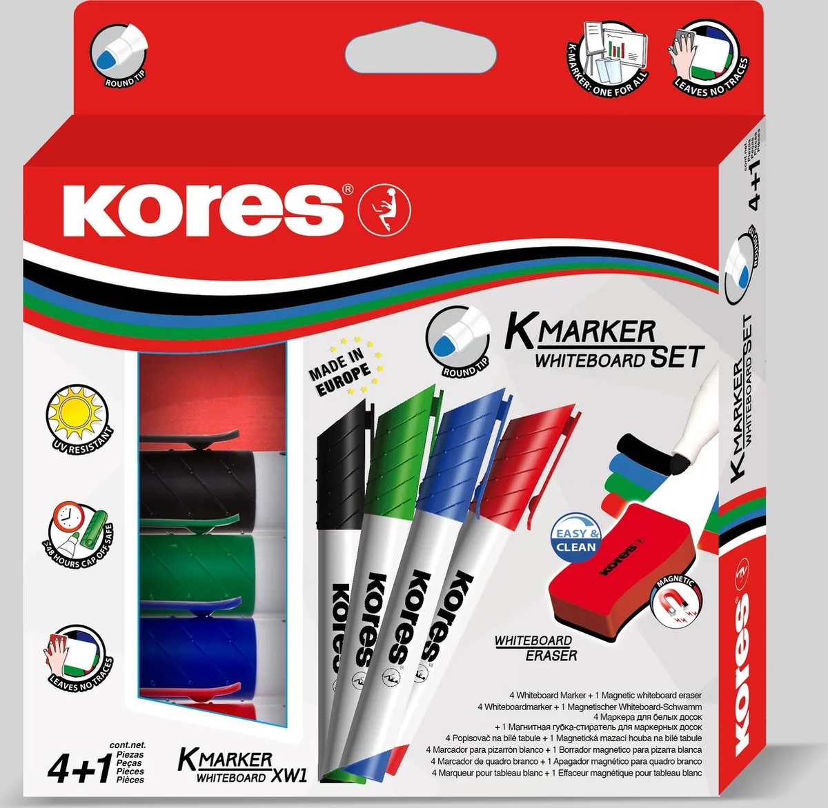 Whiteboard & Flipover markers Kores XW1, ronde punt 3mm 4 stuks en wisser van Kores in Meerkleurig – productfoto